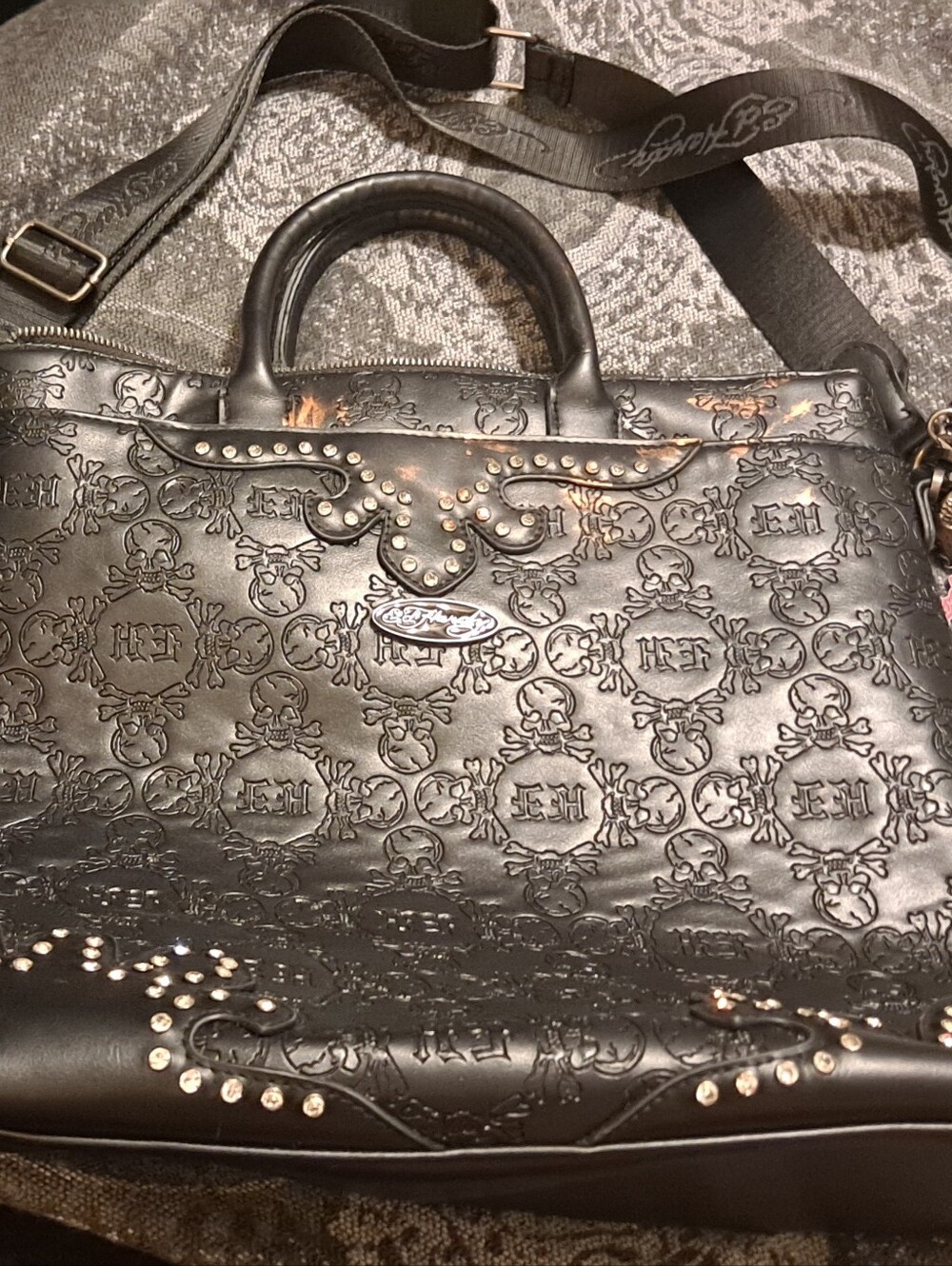 Ed Hardy Black Embossed Studded Faux Leather Satchel With Several Charms